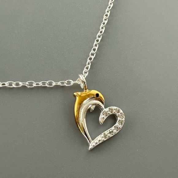 Sterling Silver Dolphin Heart Crystal Necklace - Picture 5 of 6